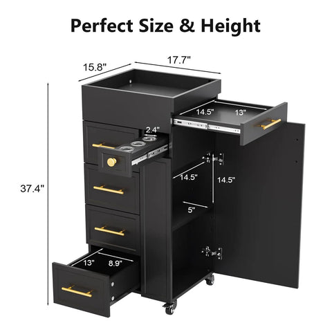 Salon Trolley Cart With Five Drawers, Three Tool Holders And Adjustable Shelf, Mobile Storage Cabinet For Barber, Beauty Spa Or Home Use, Black Finish With Raised Edge Top For Secure Tool Transport On The Go, detailed view with dimensions.