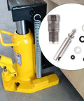 Vertical Hydraulic Jack Oil Pump Repair Kit With 55mm Piston Plunger And Cylinder Seal, Metal Construction, Complete Replacement Set For Under 20 Ton Jacks, Easy Maintenance And Reliable Performance shown with components and yellow jack