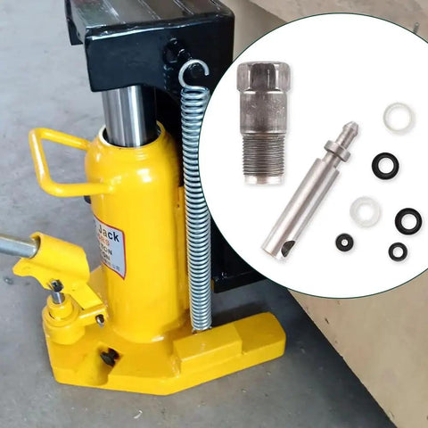 Vertical Hydraulic Jack Oil Pump Repair Kit With 55mm Piston Plunger And Cylinder Seal, Metal Construction, Complete Replacement Set For Under 20 Ton Jacks, Easy Maintenance And Reliable Performance shown with components and yellow jack