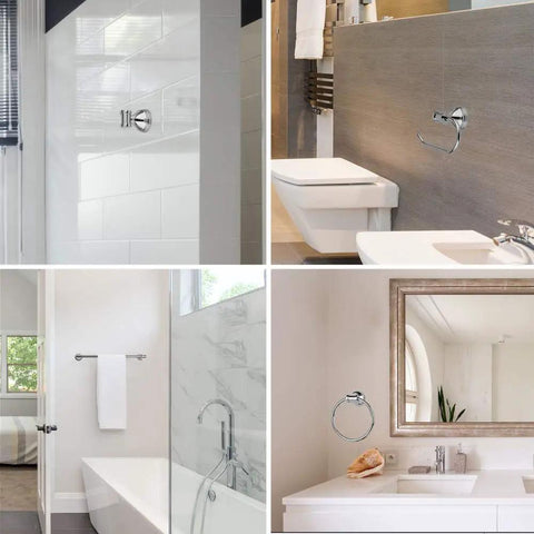 Freya All In One 5 Piece Bathroom Set with Chrome Vanity Light and Towel Bar, Towel Ring, Robe Hook, Toilet Paper Holder in use