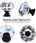 Four views of 12 Pack Crystal Cabinet Knob Set With Clear Glass Drawers Diamonds Handles For Dressers And Cabinets Black Base 30 mm Knobs Include Screws For Easy Install On All Your Cabinets And Drawers Sleek Upgrade, showcasing crystal and black base.