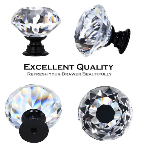 Four views of 12 Pack Crystal Cabinet Knob Set With Clear Glass Drawers Diamonds Handles For Dressers And Cabinets Black Base 30 mm Knobs Include Screws For Easy Install On All Your Cabinets And Drawers Sleek Upgrade, showcasing crystal and black base.