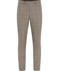 Front view of men's brown plaid dress pants with belt loops and a tailored fit.