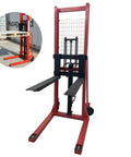 Heavy Duty Manual Pallet Stacker Featuring A No Sweat 2200 Pound Hydraulic Lift And Sixty Three Inch Rise For Warehouse Grinds and Factory Material Hauling Straight Up Shop Floor Legend with forks and hydraulic pump.