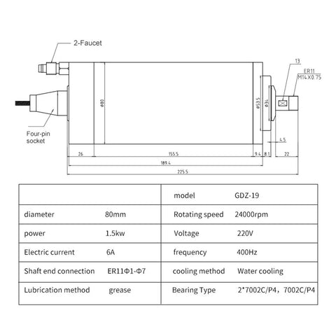 Badass 1.5KW ER11 CNC Router Spindle Motor With Liquid Cooling dimensions and specifications diagram, including cooling method.