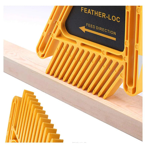 Close-up of yellow Featherboard Push Block Set for Table Saws and Miter Slots Two Pack with directional arrow detail
