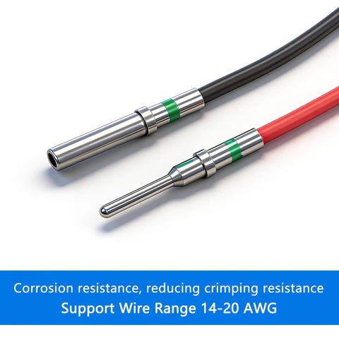 DT Connector Pin And Socket Kit Pro Grade 60 Pieces 30 Pairs Size 16 Terminals for Deutsch DT Series 14 20 AWG Wire close-up view.