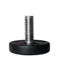 Pack of 8 304 Stainless Steel Furniture Levelers Featuring 5/16-18 Threads and Wide 1.5-Inch Base Heavy Duty Adjustable Table Legs to Slay Wobbles Instantly Low Profile Construction Offers Built Tough Support for Your Gear - close-up view of adjustable leveler with black round base.