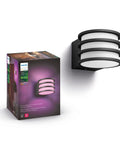 Lucca Outdoor Smart Wall Light With Color Ambiance LED Bulb Black E26 Weatherproof Porch Lighting Requires Hue Bridge Control Via Hue App And Voice 1 Pack next to packaging