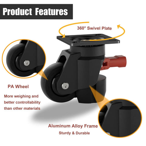 Heavy Duty Leveling Caster Wheels Set Of Four Premium Nylon Rollers Built Like A Tank Rock Solid Stability No Sweat Glide Adjustable Mounts, featuring PA wheel and aluminum alloy frame.