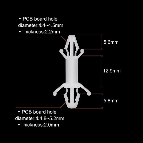 Top Shelf 60 Pack Nylon PCB Standoffs With Snap Tight Reverse Locking Clamps 12.9 mm Height shown with dimensions for installation.