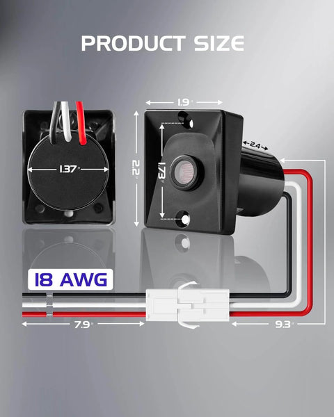 Dimensions and wiring details of Photoelectric Switch For Outdoor Post Lights With Dusk To Dawn Sensor, Waterproof 120V Unit