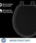 Heavy Duty Round Black Wood Toilet Seat With Quick Release Hinges And No Wobble Locks Secure Grip Base For A No Fuss Install Crafted In The USA, top view.