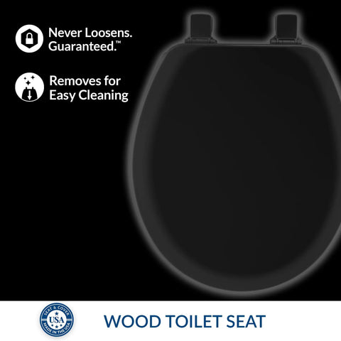 Heavy Duty Round Black Wood Toilet Seat With Quick Release Hinges And No Wobble Locks Secure Grip Base For A No Fuss Install Crafted In The USA, top view.