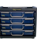 Front view of HandyBox Toolbox Storage And Carrying System with four adjustable grid compartments for nuts, bolts, and screws.