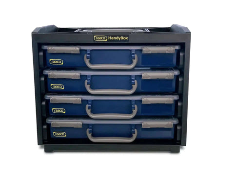 Front view of HandyBox Toolbox Storage And Carrying System with four adjustable grid compartments for nuts, bolts, and screws.