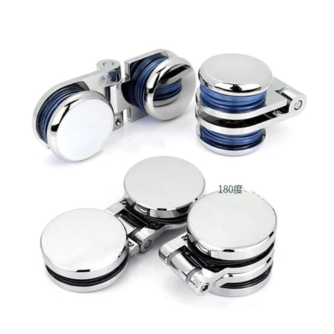 Rock Solid Frameless Glass Door Hinge Flat Open Cabinet Connector For Wine Rack And Pet Crate Killer Quality Stainless Steel Furniture Hardware Hella Durable Window Fitting Single Piece Pro Install Grade, polished silver hinges with blue rubber bands.