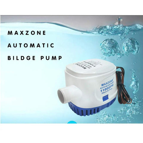 Automatic Submersible Bilge Pump For Boats, 12V 1100 GPH With Built-In Float Switch, side view against water background.