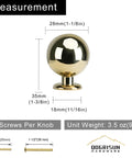 Unlacquered Brass Cabinet Knobs Five Pack Round Ball Knobs with measurements showing 1-1/8 inch diameter and 1-3/8 inch projection.