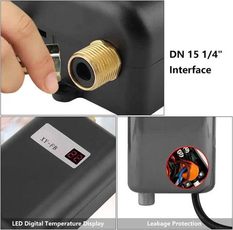 Instant 3000W Tankless Hot Water Heater 110V Mini Electric Water Heater interface, LED display, and leakage protection
