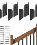 Four Pairs 35 Degree Stair Angle Deck Railing Connectors Made From 201 Stainless Steel Brackets Fits 2x4 Railing And Wood Posts For Easy Handrail Installation shown with screws and a wood post section.