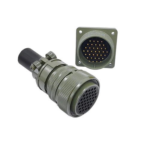 MIL-C 5015 circular connector set with MS3102A socket panel-mount receptacle and 3108 mating plug, olive-green metal.