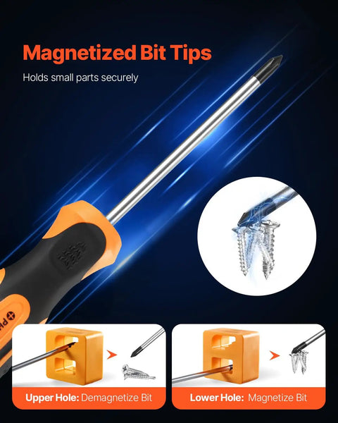 12 Piece Screwdriver Set With Magnetic Tips And Crv Steel Build, including magnetizing and demagnetizing bit tips for secure use.