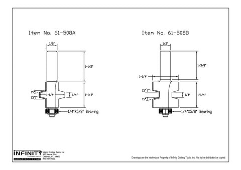 Diagram showing dimensions of Half Inch Shank Bevel Glue Joint Router Bit Set With Carbide Tip for wood routers.