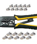 All In One Modular Installation Kit With Ratcheting Crimper And Stripper For RJ11 RJ12 RJ45 Connectors shown with connectors