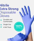 Hands wearing Blue Nitrile Exam Gloves XL 100 Count Disposable Powder Free Latex Free Chemo Rated Clinic Grade For Medical Exams Dental Care Lab Work Food Handling And Patient Care