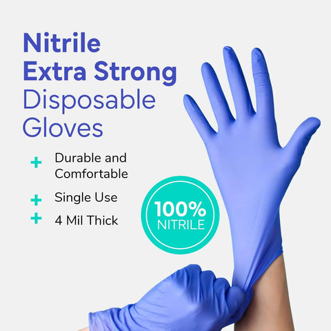Hands wearing Blue Nitrile Exam Gloves XL 100 Count Disposable Powder Free Latex Free Chemo Rated Clinic Grade For Medical Exams Dental Care Lab Work Food Handling And Patient Care