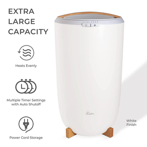 Large Towel Warmer Bucket With Timer Auto Shut Off Electric Spa Warmer in white finish with capacity details and timer settings.