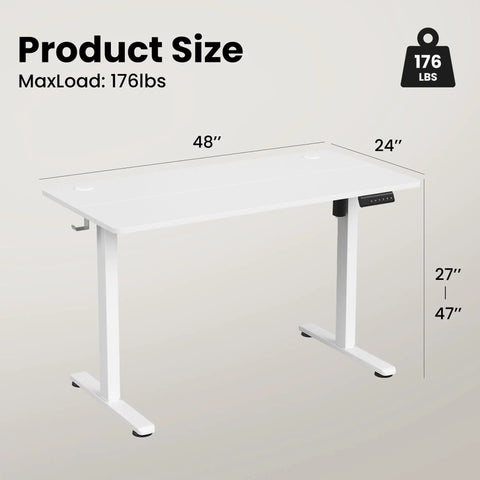 Electric Standing Desk With Memory Height Adjustment And Smooth Lift, 48 by 24 inches, white desk with size details shown