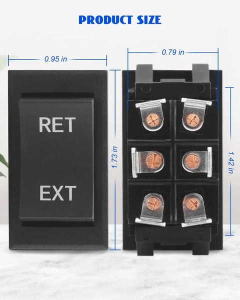 Beefed Up 30 Amp DPDT Momentary Rocker Switch With On Off Momentary On Function, 6 Pin Control dimensions shown