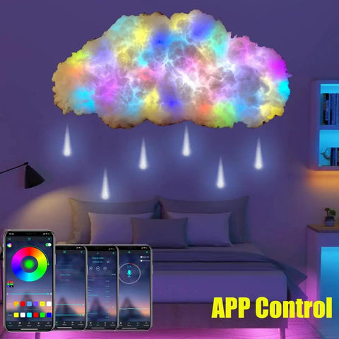 Epic 1.2m Cloud Rain Lightning Light Kit with USB Power, app control, colorful light effects above bed in bedroom decor