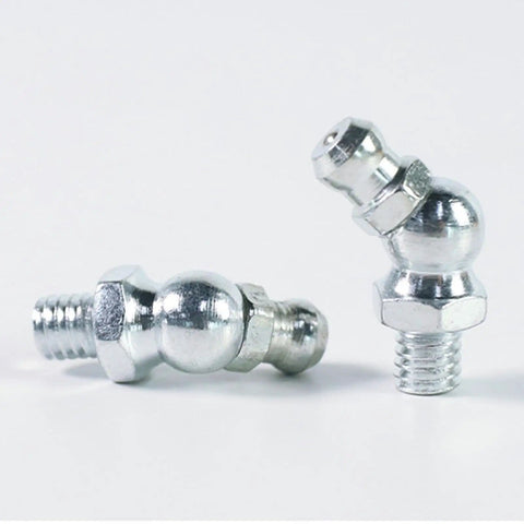 10 Piece Metric Grease Fittings Kit With 90 Degree Elbows For Automotive Machinery And Industrial Equipment Pro Grade Heavy Duty Hydraulic Nipples Replacement For Tractors Excavators Trailers And More, showing two metal fittings on white background