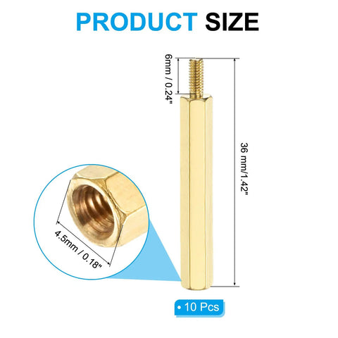 Product showing Badass Brass HEX Standoffs M2.5 x 30mm Plus 6mm Male Female Thread Spacers for electronics, displaying size details.
