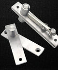 Built Tough Stainless Steel Pivot Door Hinge With 360 Degree Swivel and Invisible Mount, shown disassembled on a black surface