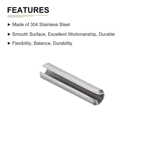 5mm x 35mm Slotted Spring Pin Set, 304 Stainless Steel, silver finish, shown at angle, smooth surface