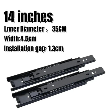 Silent Hydraulic Drawer Slides with Cold Rolled Steel, 14-inch three-section runners, shown with dimensions and installation gap