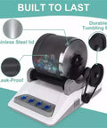 Rock Tumbler Polisher Kit Electric Gem Grinder With Timer Buttons on white base with tumbling belt and stainless steel lid