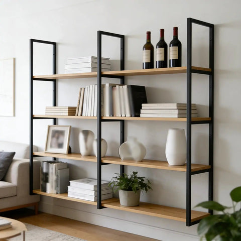 Rock Solid Four Tier Wall Shelf Brackets Black Wrought Iron Floating Support Set With Screws No Sweat Mount Go To Storage Hardware For Living Room Office, showcasing books and decor.