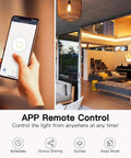 Person using smartphone app to control lights in a bright, modern living room, demonstrating Smart Light Switch Single Pole Works With Alexa Google Home And SmartThings 2.4GHz WiFi Neutral Wire Required No Hub Needed FCC Listed 4 Pack Quick Install In Any Room And Smooth Daily Use.