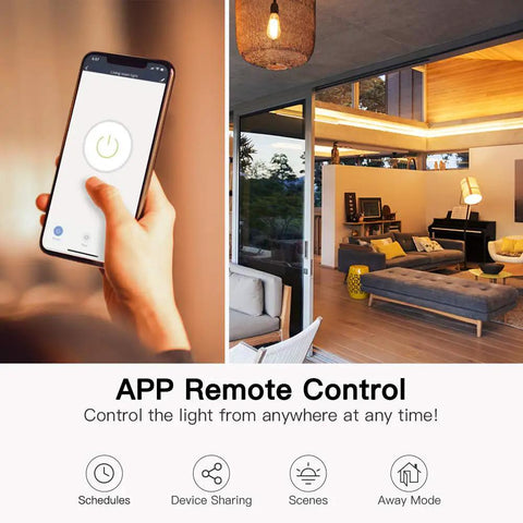 Person using smartphone app to control lights in a bright, modern living room, demonstrating Smart Light Switch Single Pole Works With Alexa Google Home And SmartThings 2.4GHz WiFi Neutral Wire Required No Hub Needed FCC Listed 4 Pack Quick Install In Any Room And Smooth Daily Use.