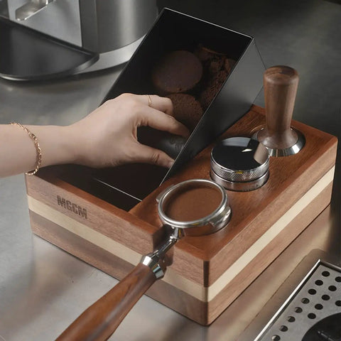 4 In 1 Espresso Knock Box And Tamp Station For 58mm Tamper Distributor And Portafilter Natural High Density Wood with hand using.