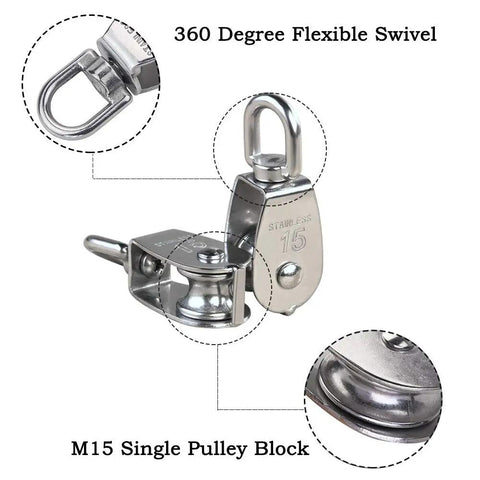 Beefy Heavy Duty Single Pulley Block M15 304 Stainless Steel Swivel Top Ring Lifting Wire Rope Pulley Roller 360 Degree
