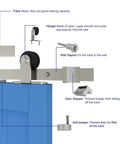 Diagram showing Brushed Nickel Sliding Barn Door Hardware Kit with Flat Track and Top Mounted Rollers, components labeled.