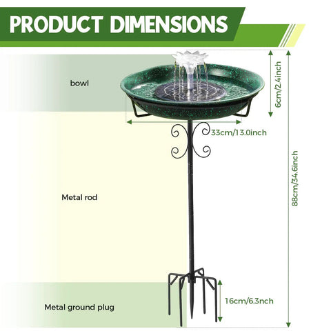 Sun Powered Metal Bird Bath With Fountains For Hummingbirds Stable 5 Prong Base Stake Outdoor Lawn Patio Garden Decor No Wiring Or Batteries Solar Fountain Starts In Seconds In Direct Sunlight Adds Charm And Attracts Wildlife To Your Yard Lit with dimensions