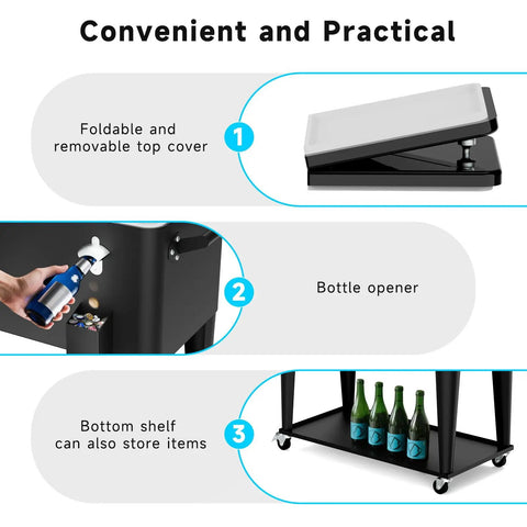 Features of 80 Quart Rolling Ice Chest Cart Portable Outdoor Beverage Cooler With Bottle Opener And Cap Collector And Storage Shelf