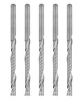 Five tungsten steel CNC end mills with spiral flutes, shown together